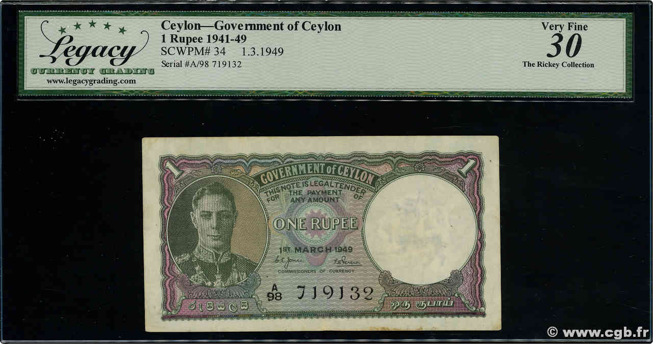 1 Rupee CEYLON  1949 P.34 VF