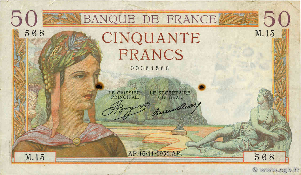 50 Francs CÉRÈS FRANCE  1934 F.17.01 TB