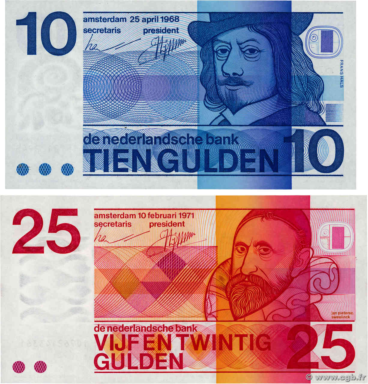 10 et 25 Gulden Lot NETHERLANDS  1971 P.091b et P.092b AU+