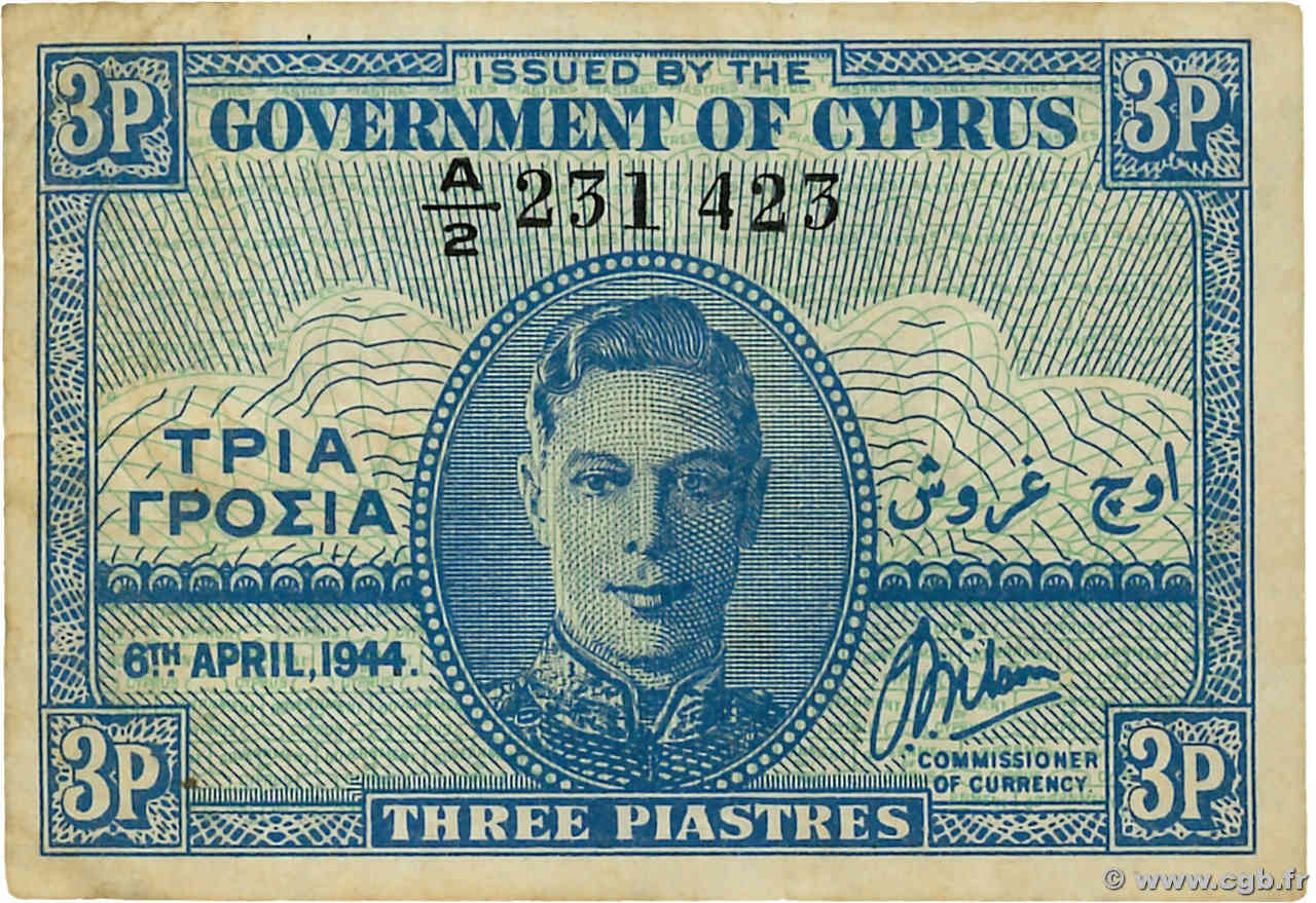 3 Piastres CYPRUS  1944 P.28a VF+