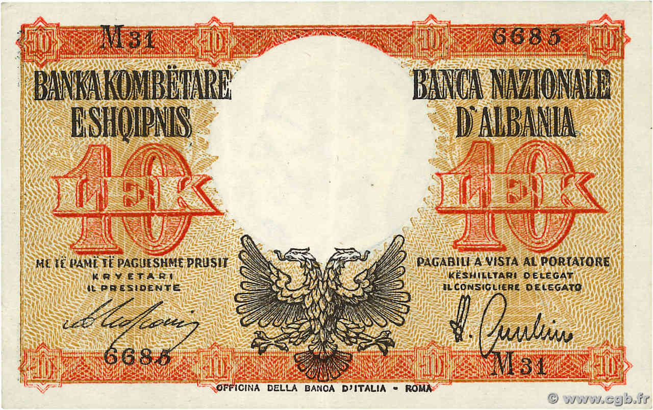 10 Lek ALBANIA  1940 P.11 XF