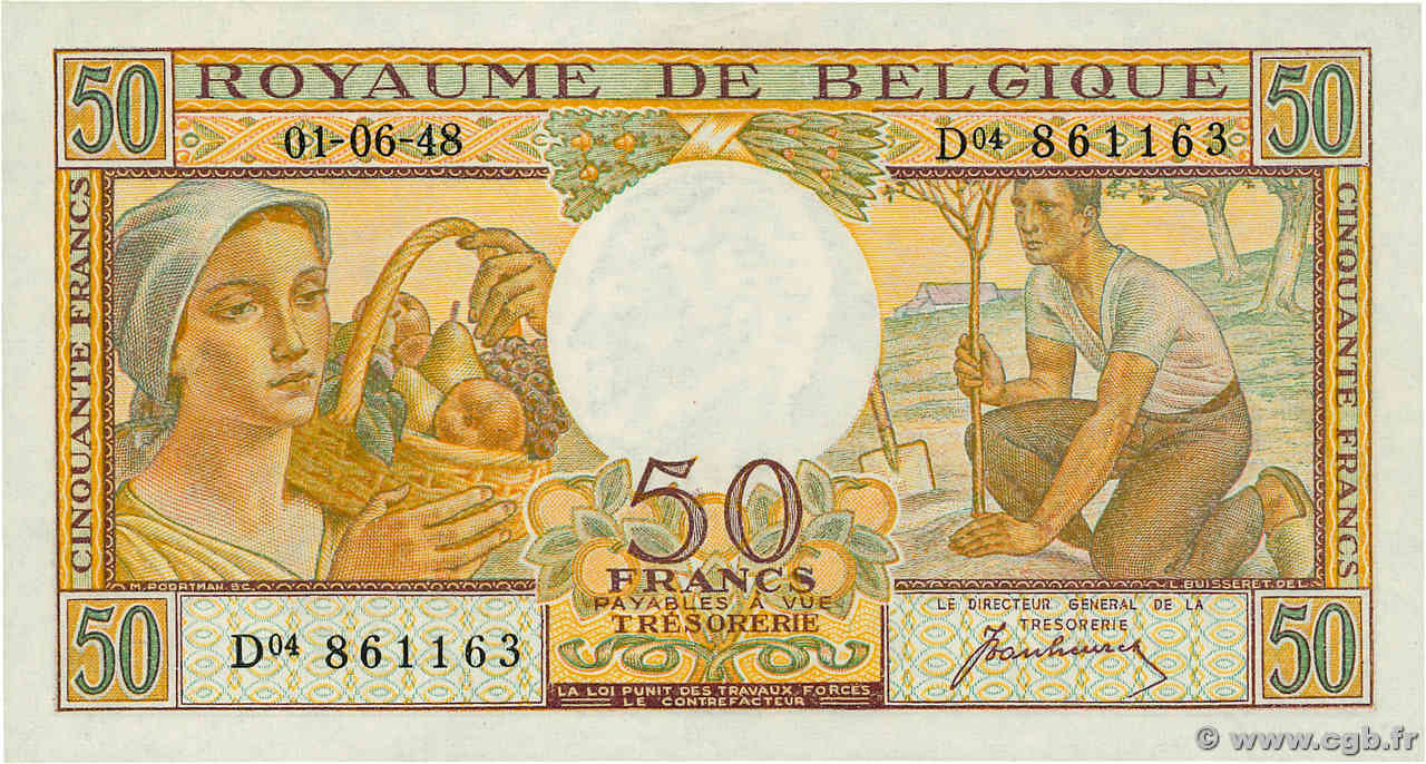 50 Francs BELGIO  1948 P.133a FDC