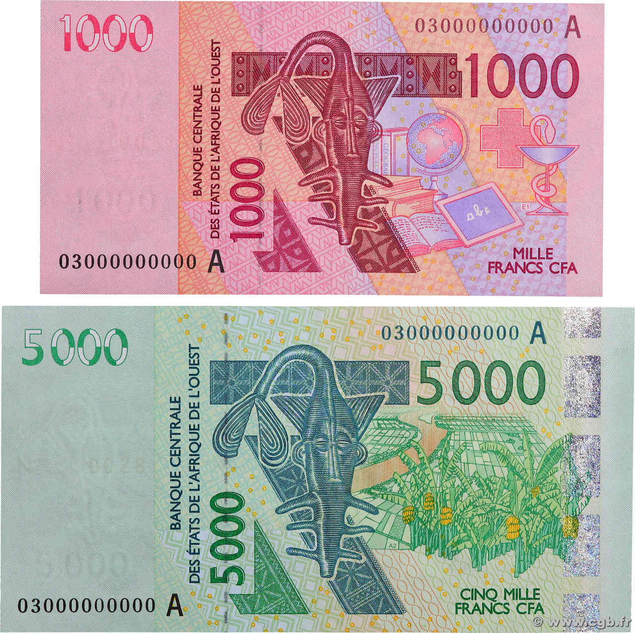 1000 et 5000 Francs Spécimen ESTADOS DEL OESTE AFRICANO  2003 P.115As et P.117As SC