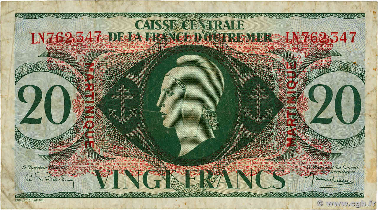 20 Francs MARTINIQUE  1944 P.24 MB