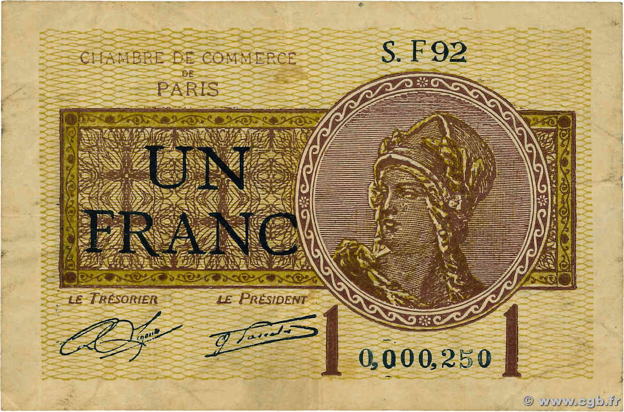 1 Franc Petit numéro FRANCE regionalismo y varios Paris 1920 JP.097.23 MBC