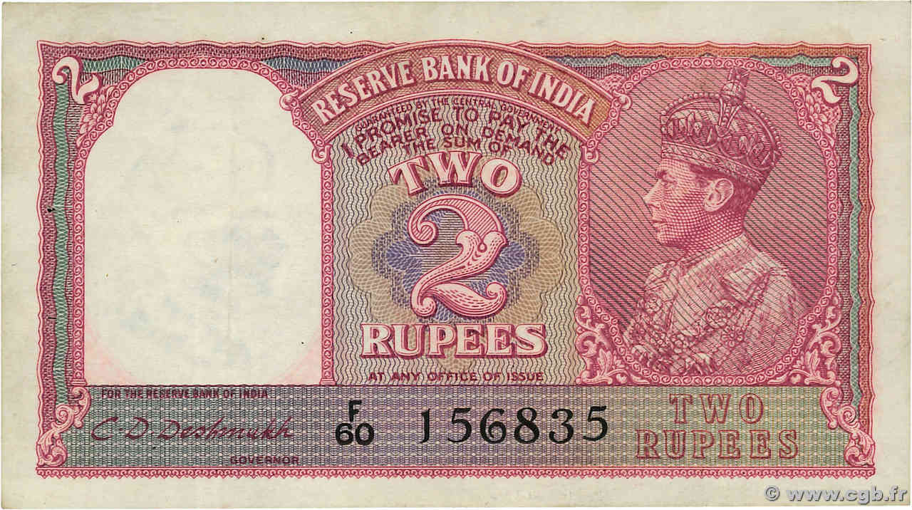 2 Rupees INDIA  1943 P.017b VF+
