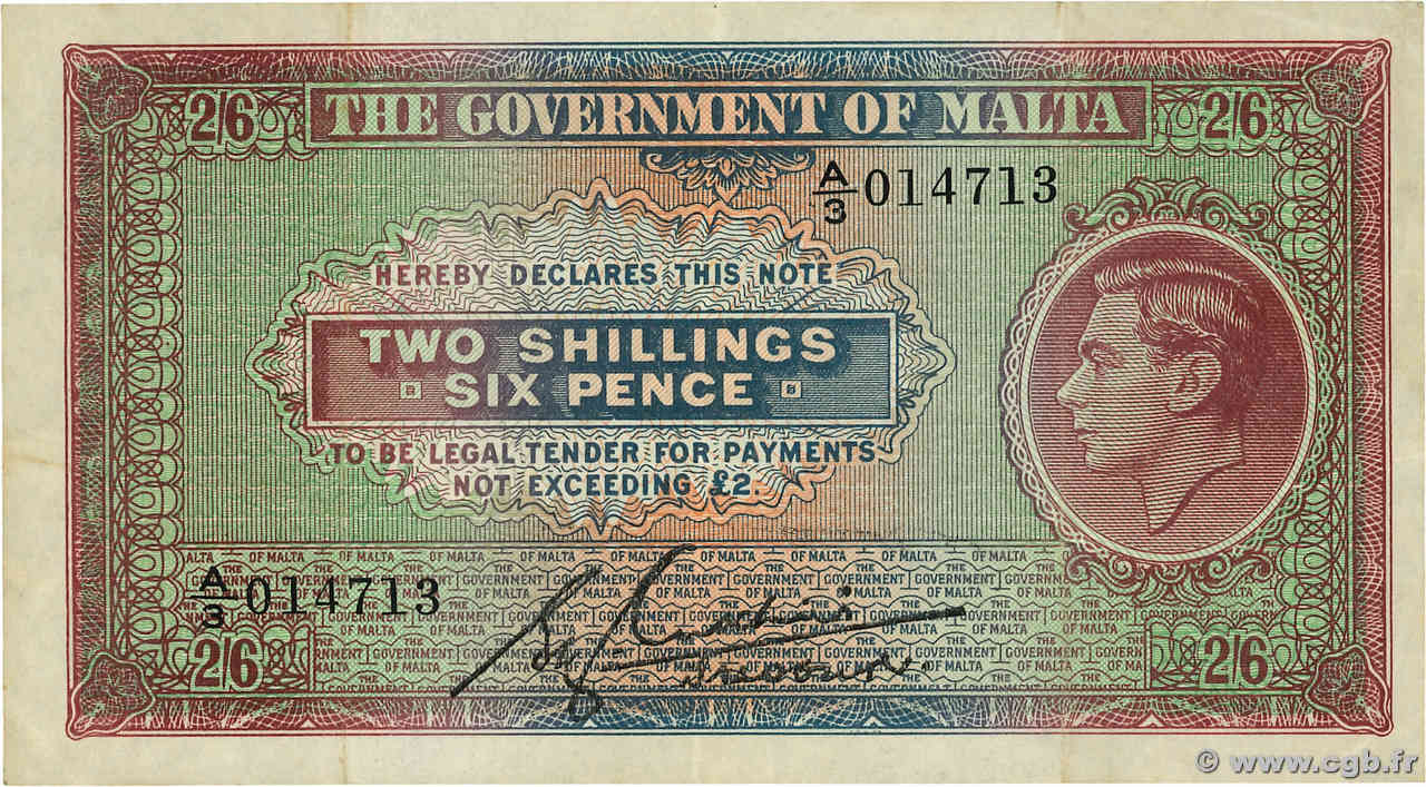 2 Shillings 6 Pence MALTA  1940 P.18 VF+