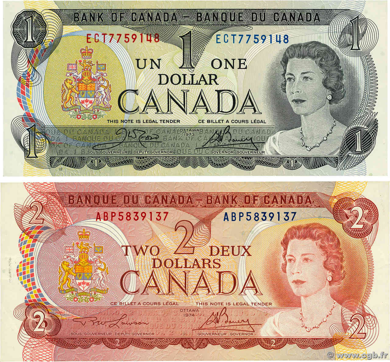1 et 2 Dollars Lot CANADA  1973 P.085c et P.086a TTB à SUP