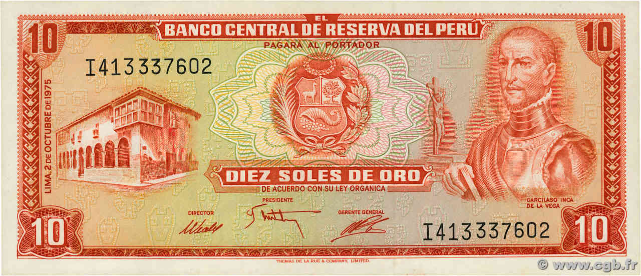 10 Soles de Oro PERú  1975 P.106 SC+