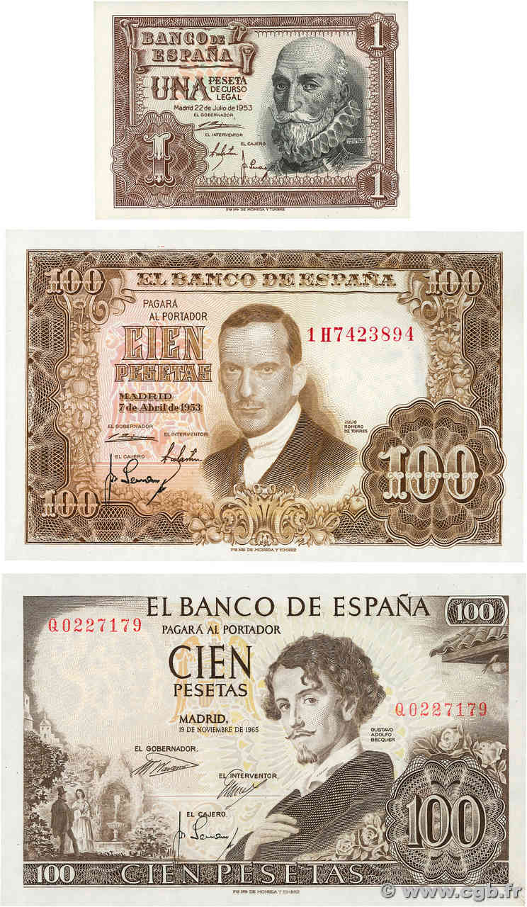 1 et 100 Pesetas Lot SPANIEN  1953 P.144a, P.145a et P.150 fST+