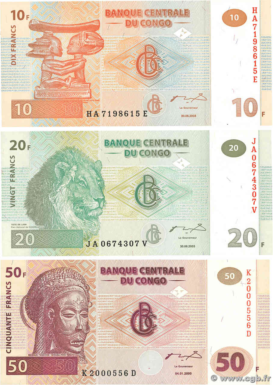10, 20 et 50 Francs Lot REPUBBLICA DEMOCRATICA DEL CONGO  2000 P.091a, P.093a et P.094A q.FDC