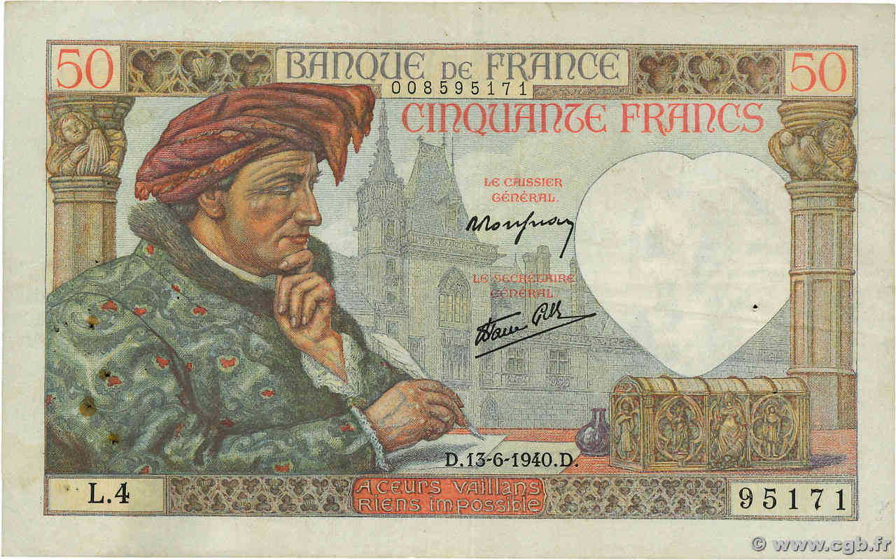 50 Francs JACQUES CŒUR FRANKREICH 1940 F.19.01 fSS