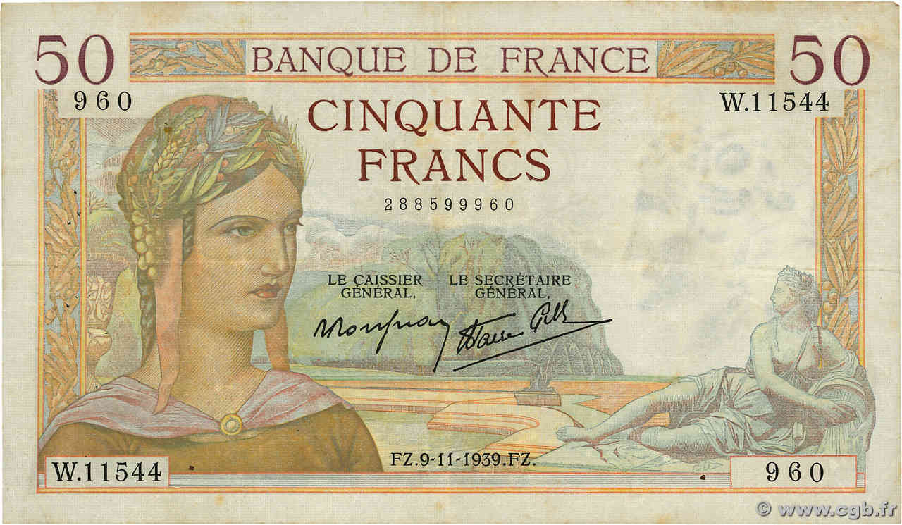 50 Francs CÉRÈS modifié FRANKREICH 1939 F.18.34 fS