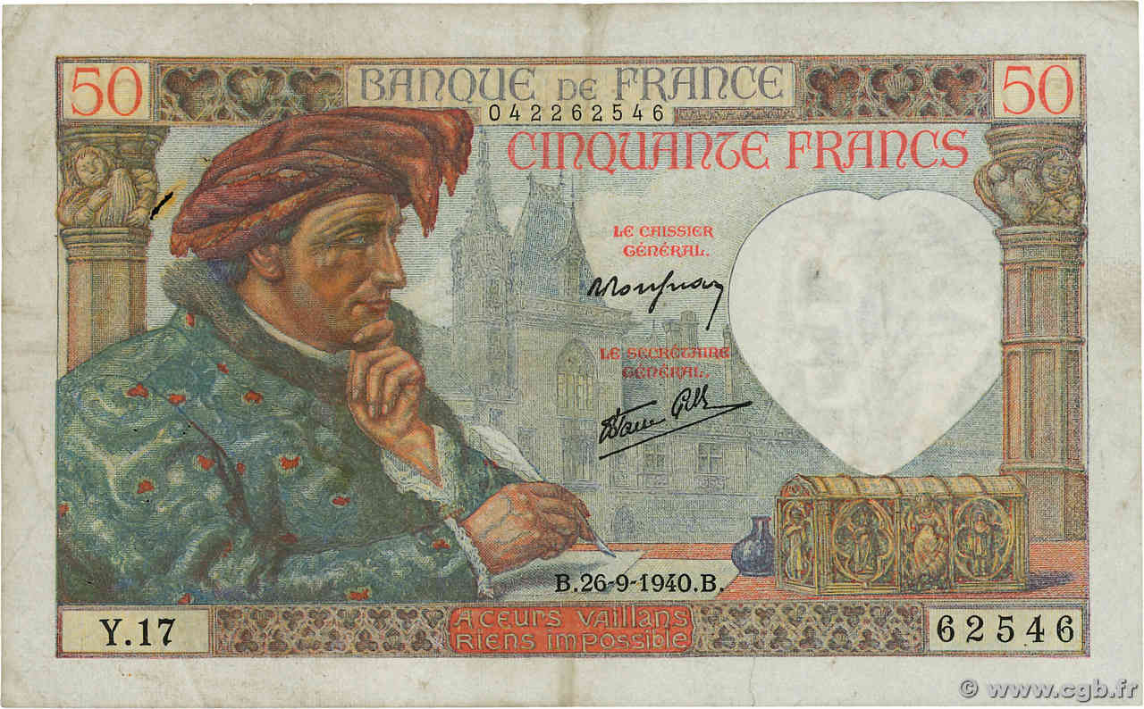 50 Francs JACQUES CŒUR FRANKREICH 1940 F.19.03 S