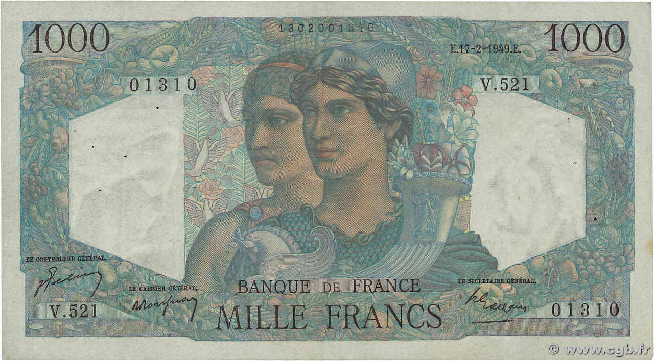 1000 Francs MINERVE ET HERCULE FRANKREICH 1949 F.41.25 fVZ