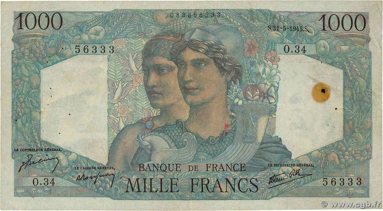 1000 Francs MINERVE ET HERCULE FRANKREICH 1945 F.41.03 fS