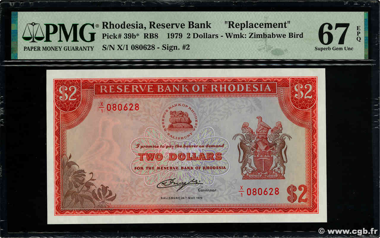 2 Dollars Remplacement RHODESIA  1979 P.39br FDC