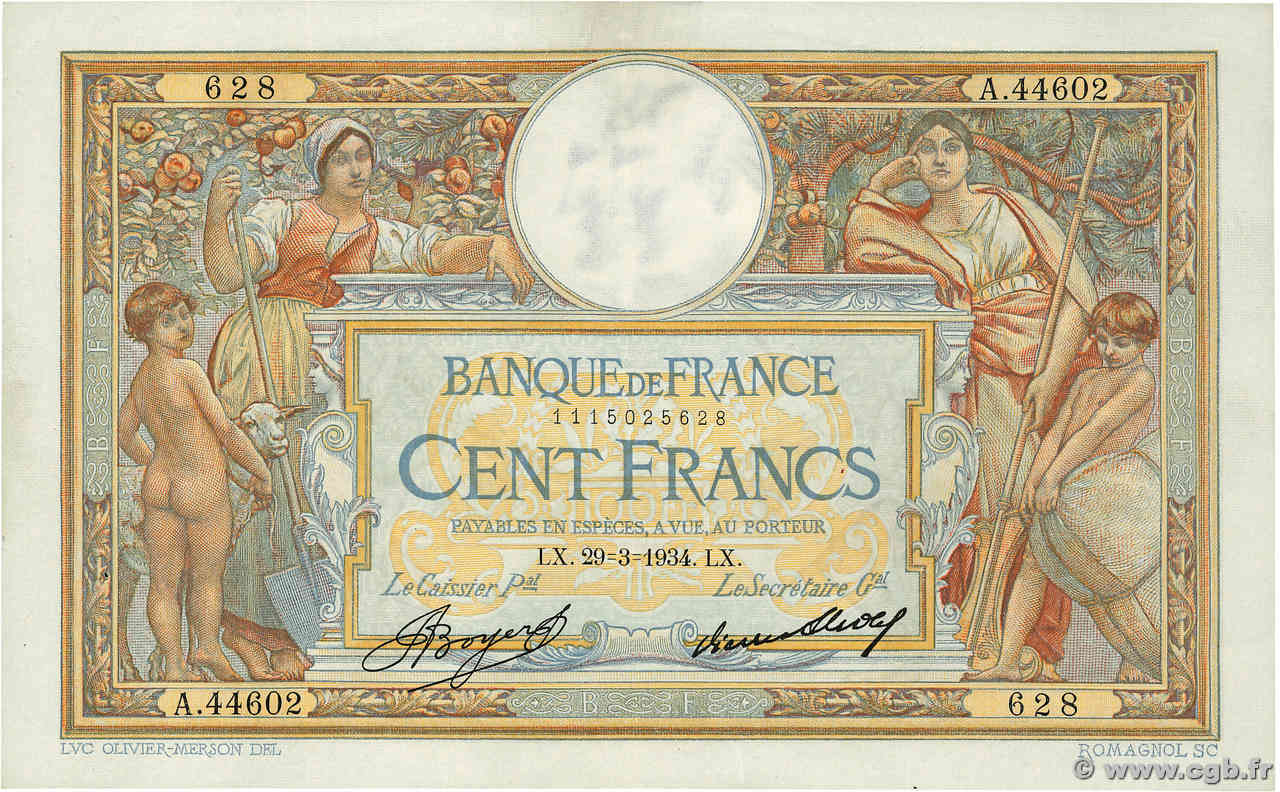 100 Francs LUC OLIVIER MERSON grands cartouches FRANCIA  1934 F.24.13 q.SPL