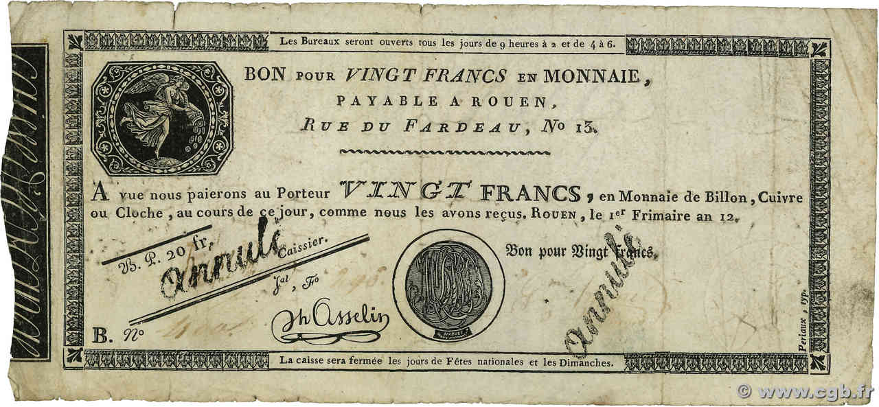 20 Francs Annulé FRANCE Rouen 1803 PS.245b TB