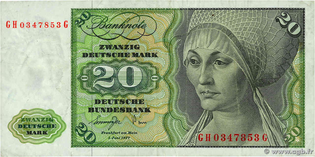 20 Deutsche Mark GERMAN FEDERAL REPUBLIC  1977 P.32b F+