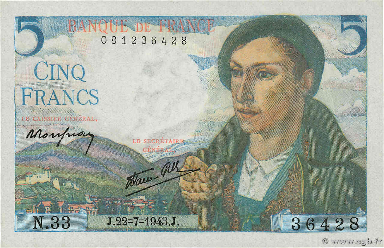 5 Francs BERGER FRANCE 1943 F.05.02 NEUF