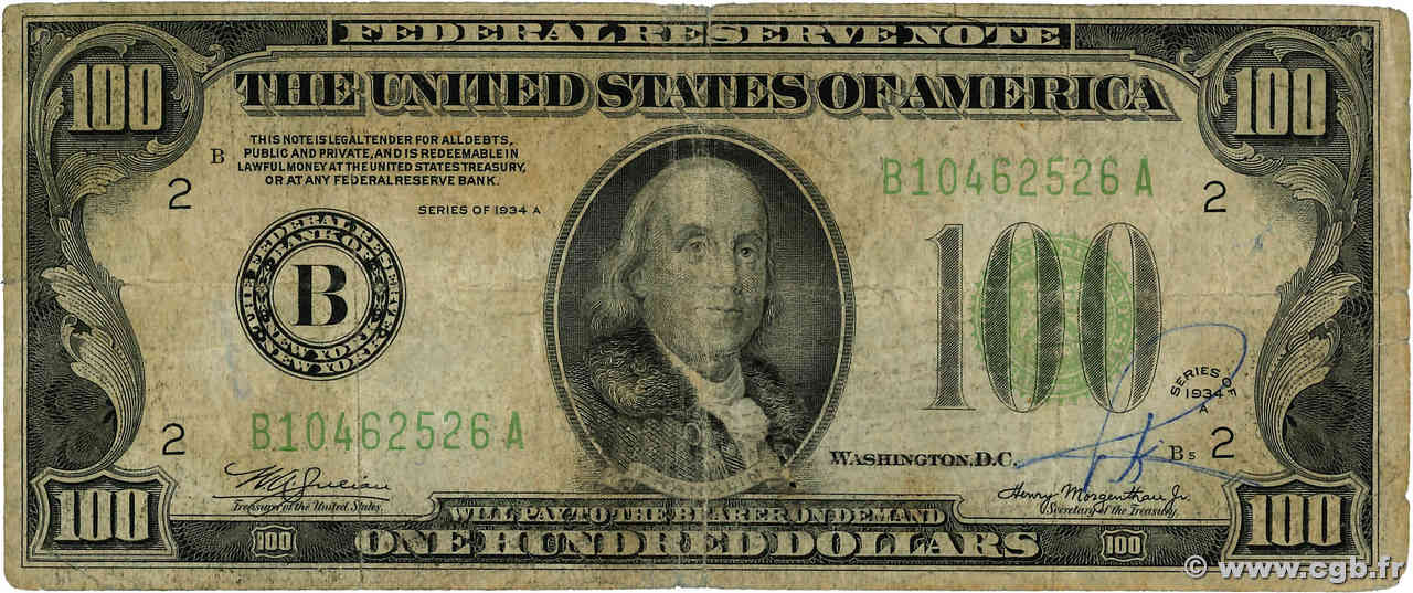 100 Dollars VEREINIGTE STAATEN VON AMERIKA New York 1934 P.433 SGE