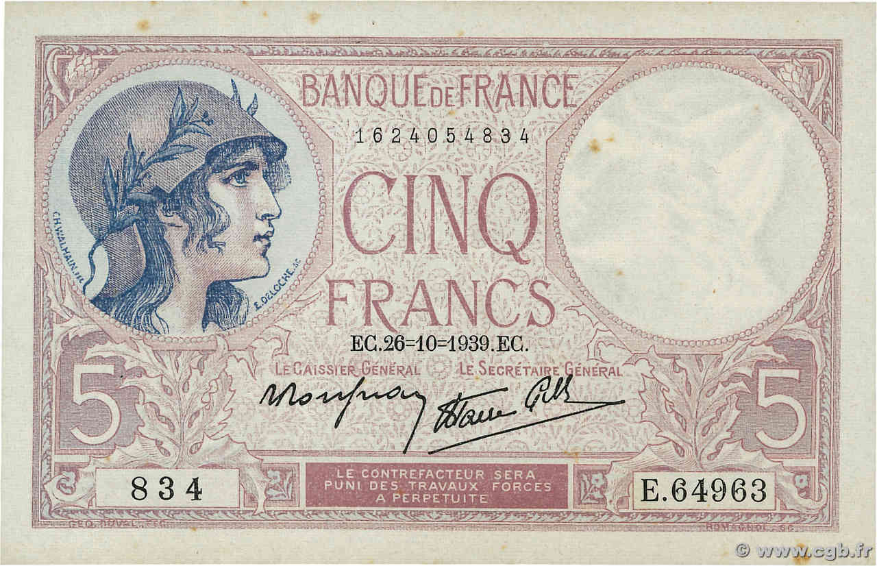 5 Francs FEMME CASQUÉE modifié FRANCE 1939 F.04.13 TTB+