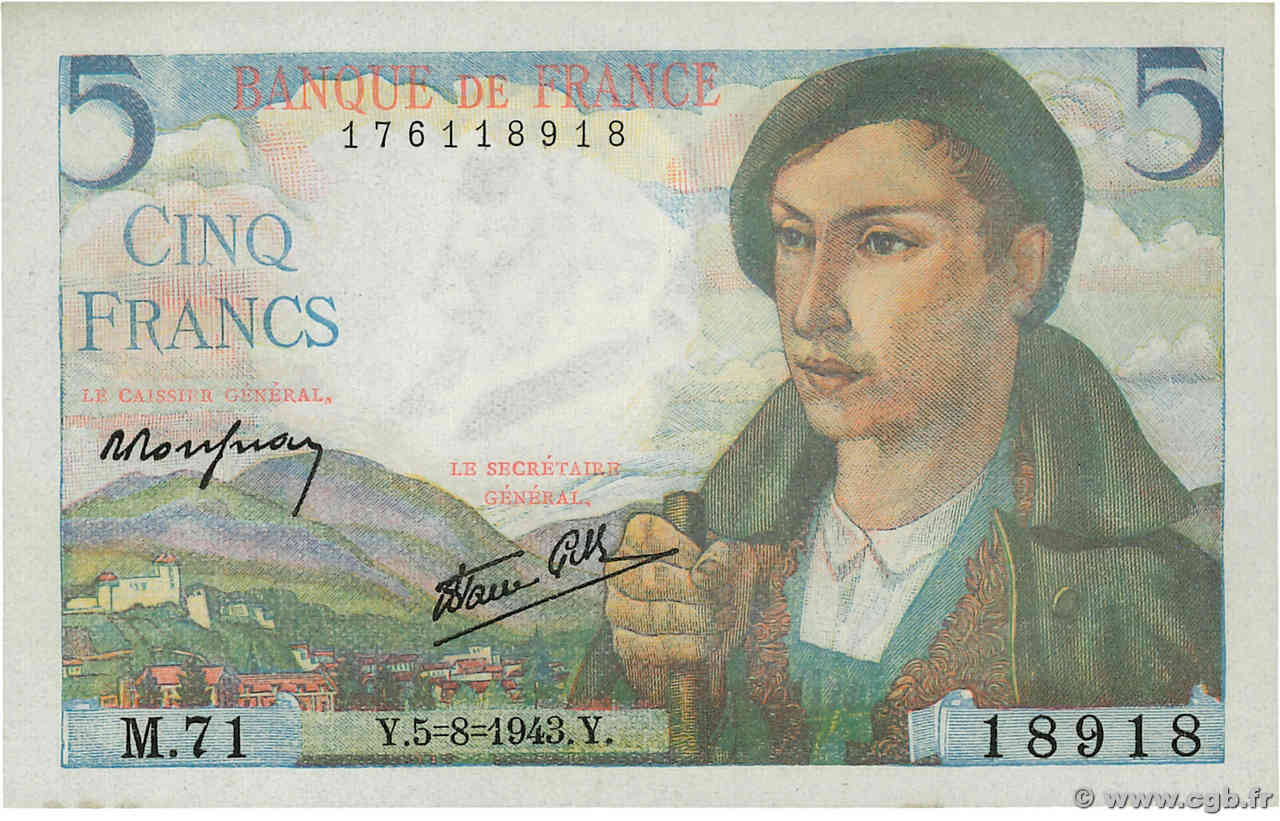 5 Francs BERGER FRANCE 1943 F.05.03 pr.NEUF