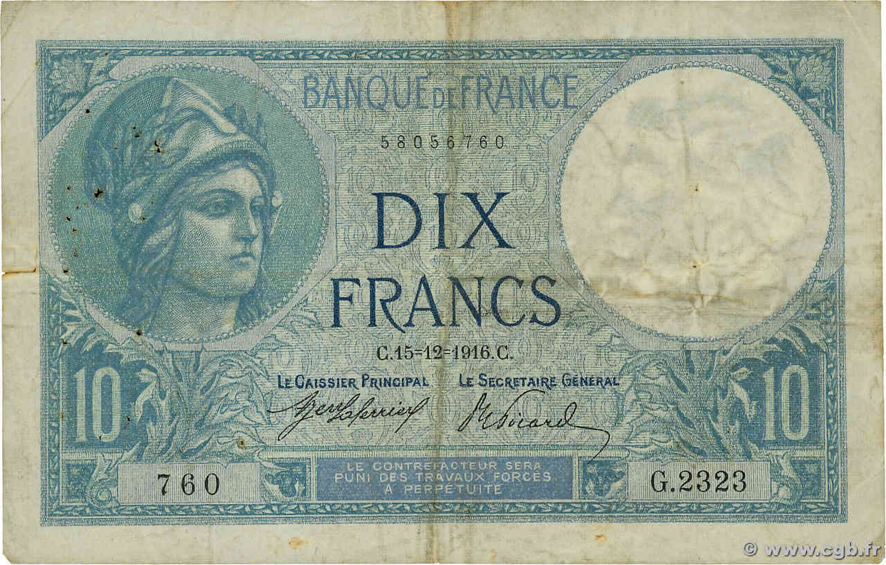 10 Francs MINERVE FRANCE 1916 F.06.01 B+