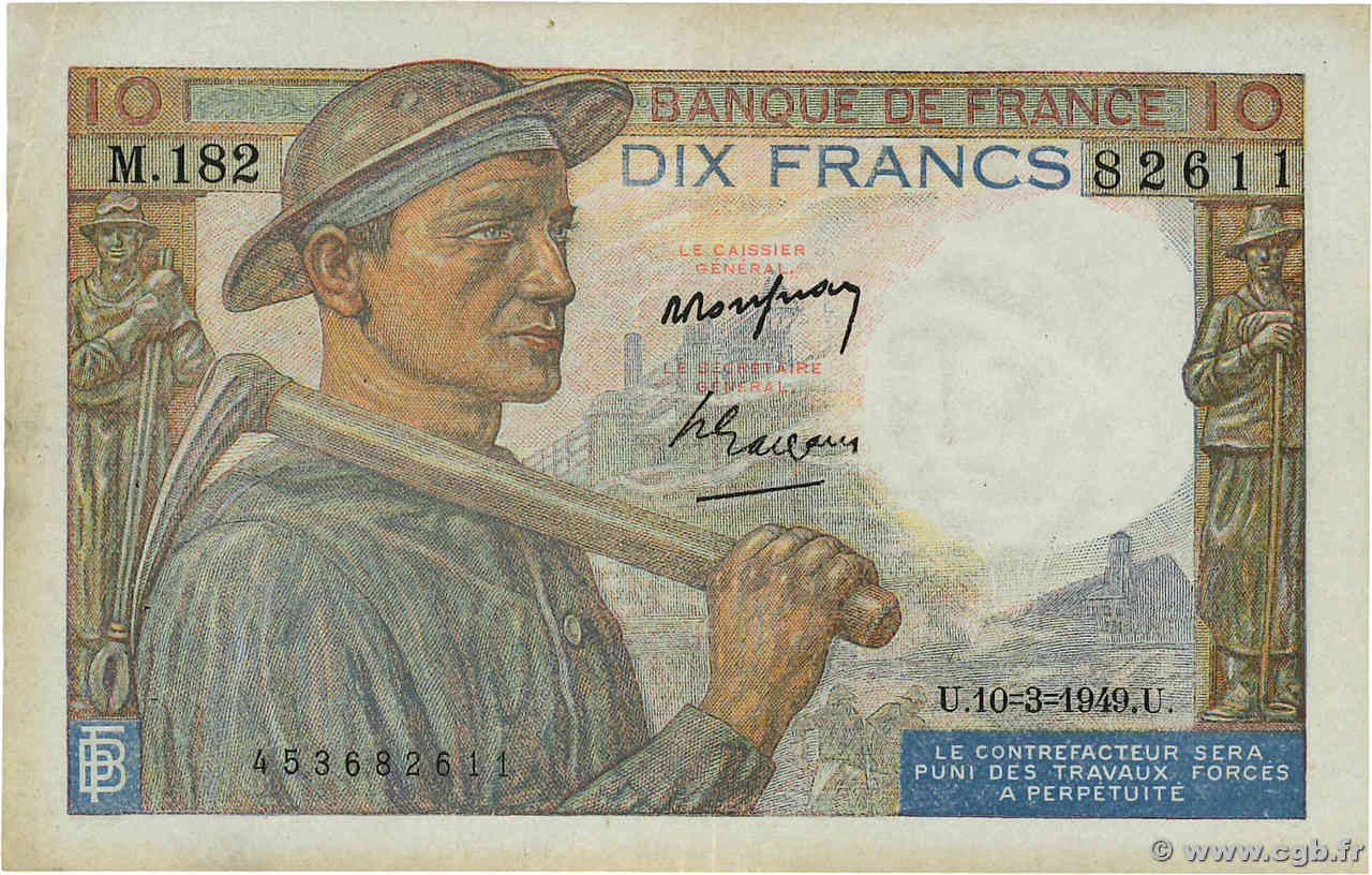 10 Francs MINEUR FRANCE 1949 F.08.20 TTB