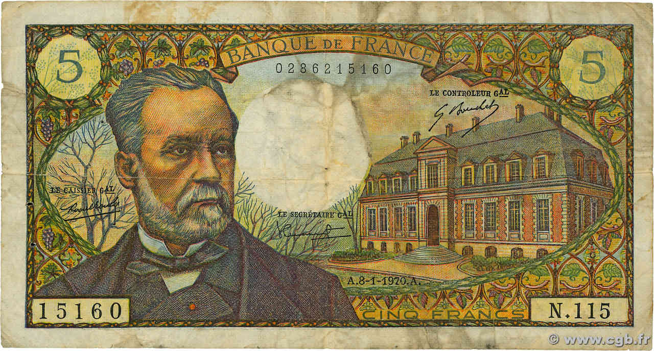 5 Francs PASTEUR FRANCE 1970 F.61.12 B+