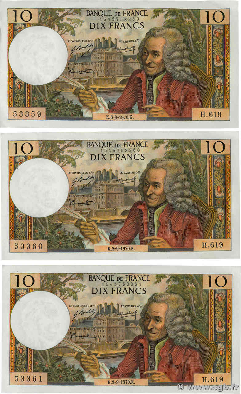 10 Francs VOLTAIRE Consécutifs FRANCE 1970 F.62.46 SUP