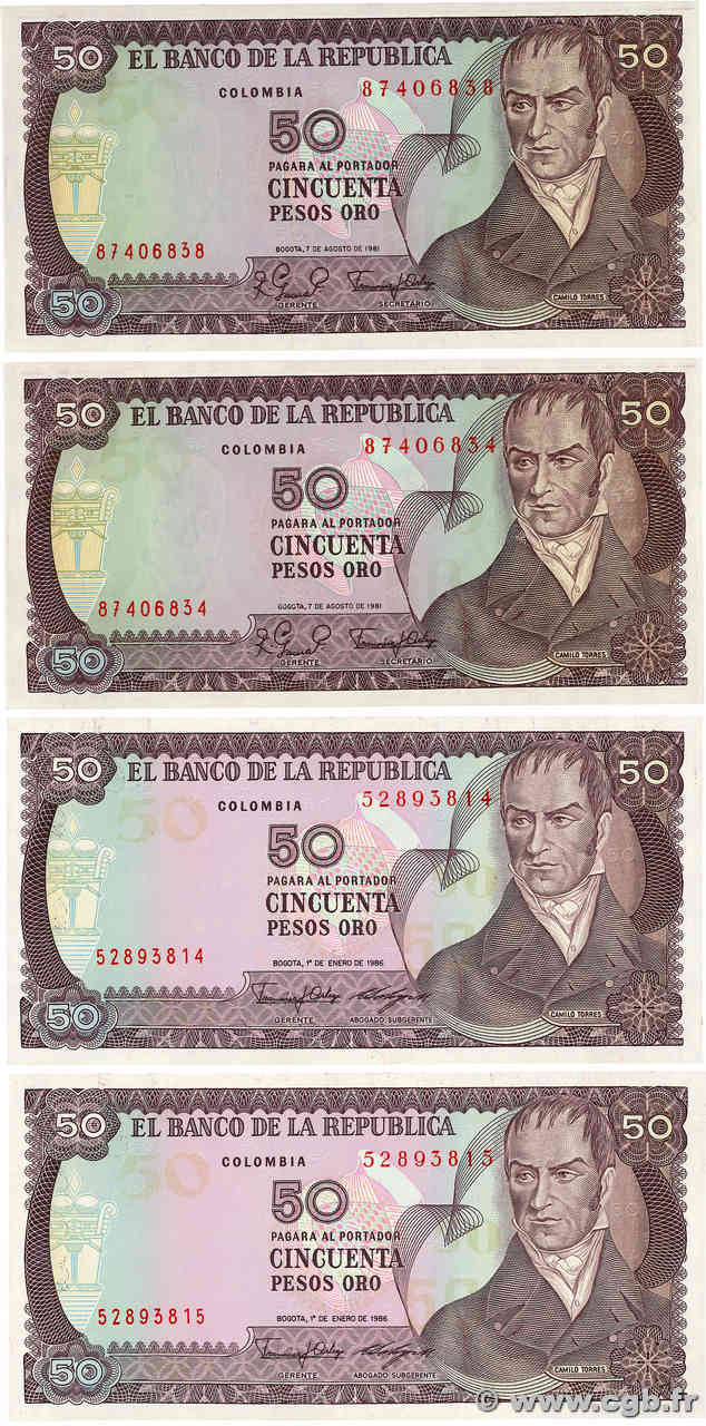 50 Pesos Oro Lot COLOMBIA  1981 P.422a et P.425b FDC