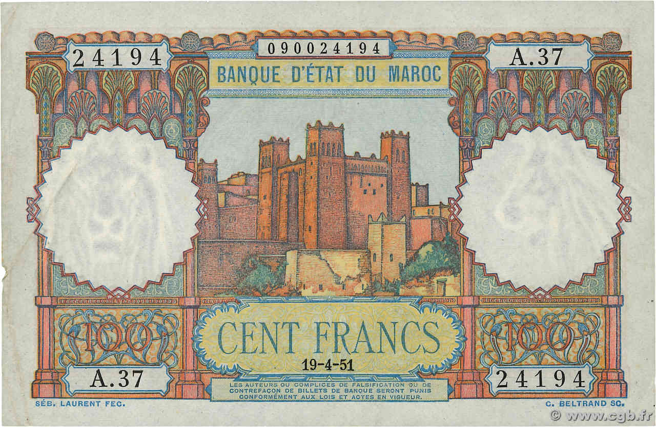 100 Francs MAROKKO 1951 P.45 SS