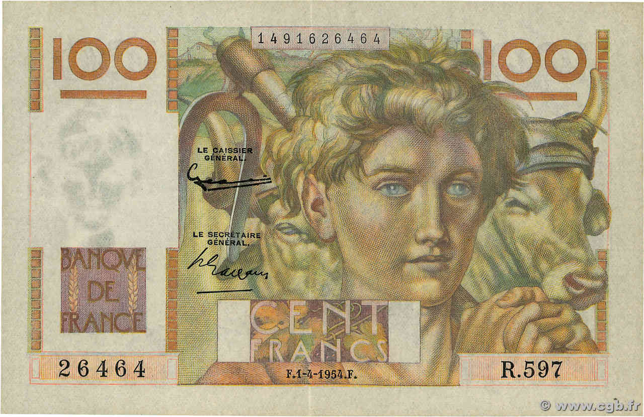 100 Francs JEUNE PAYSAN FRANCE 1954 F.28.43 SUP