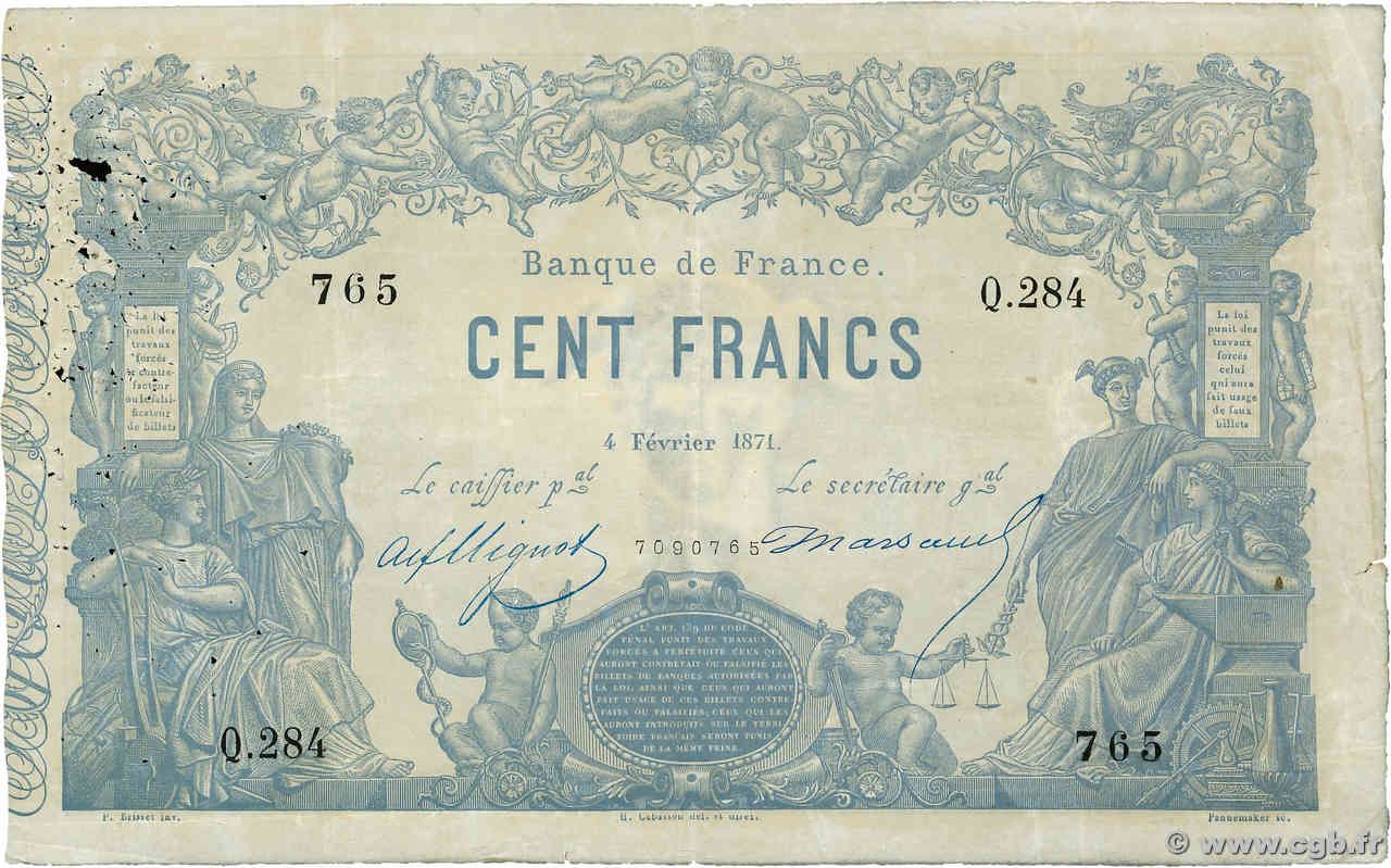 100 Francs type 1862 - Bleu à indices Noirs FRANCIA  1871 F.A39.07 q.BB