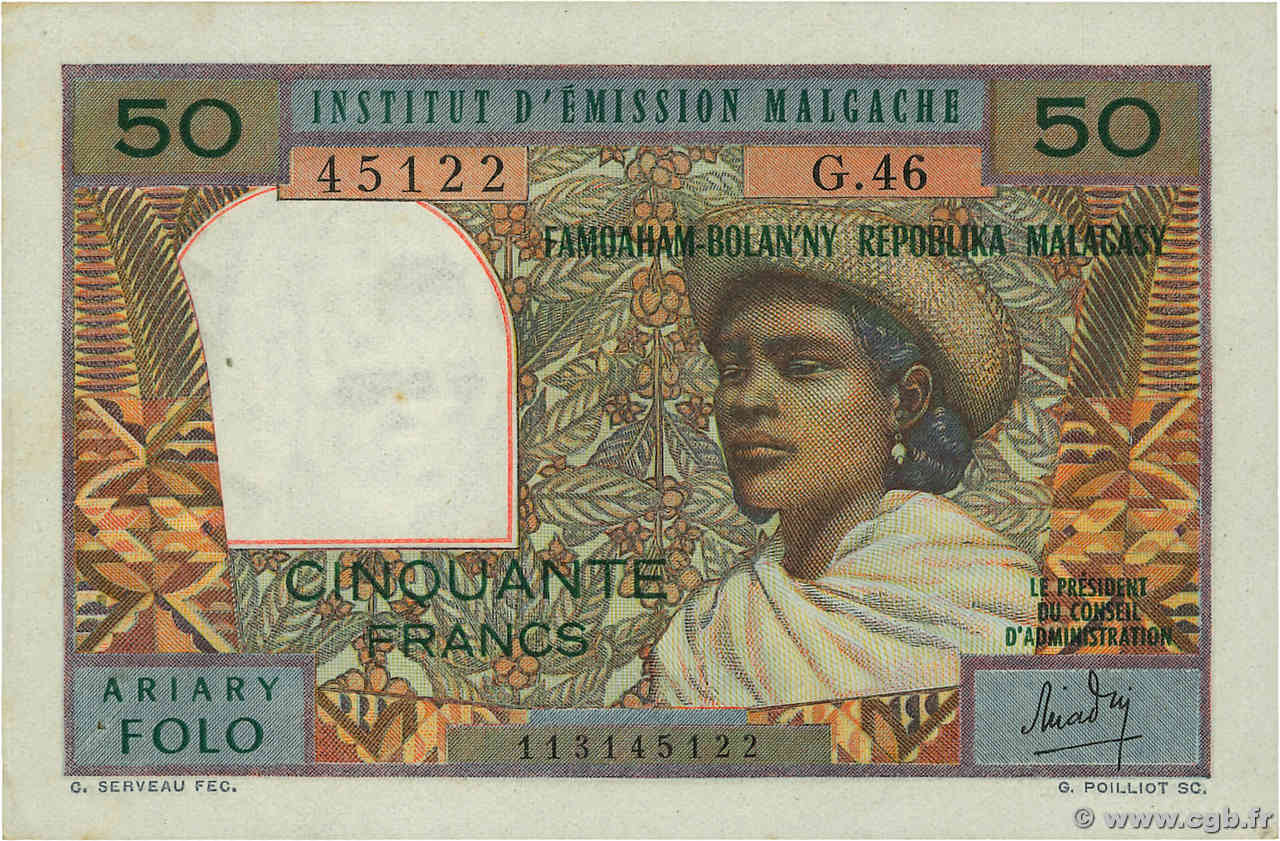 50 Francs - 10 Ariary MADAGASCAR  1962 P.061 AU