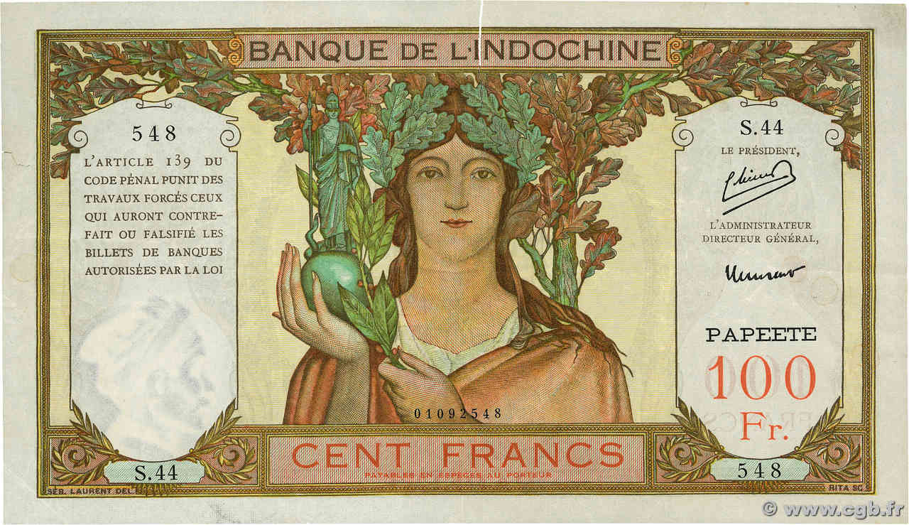 100 Francs TAHITI  1952 P.14b VF