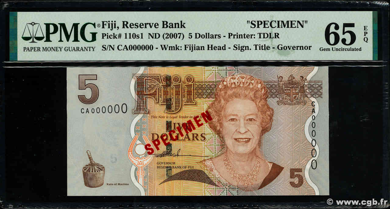 5 Dollars Spécimen FIDJI  2007 P.110s NEUF