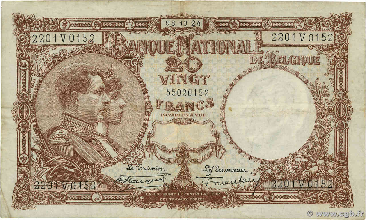 20 Francs BELGIQUE  1924 P.094 TTB