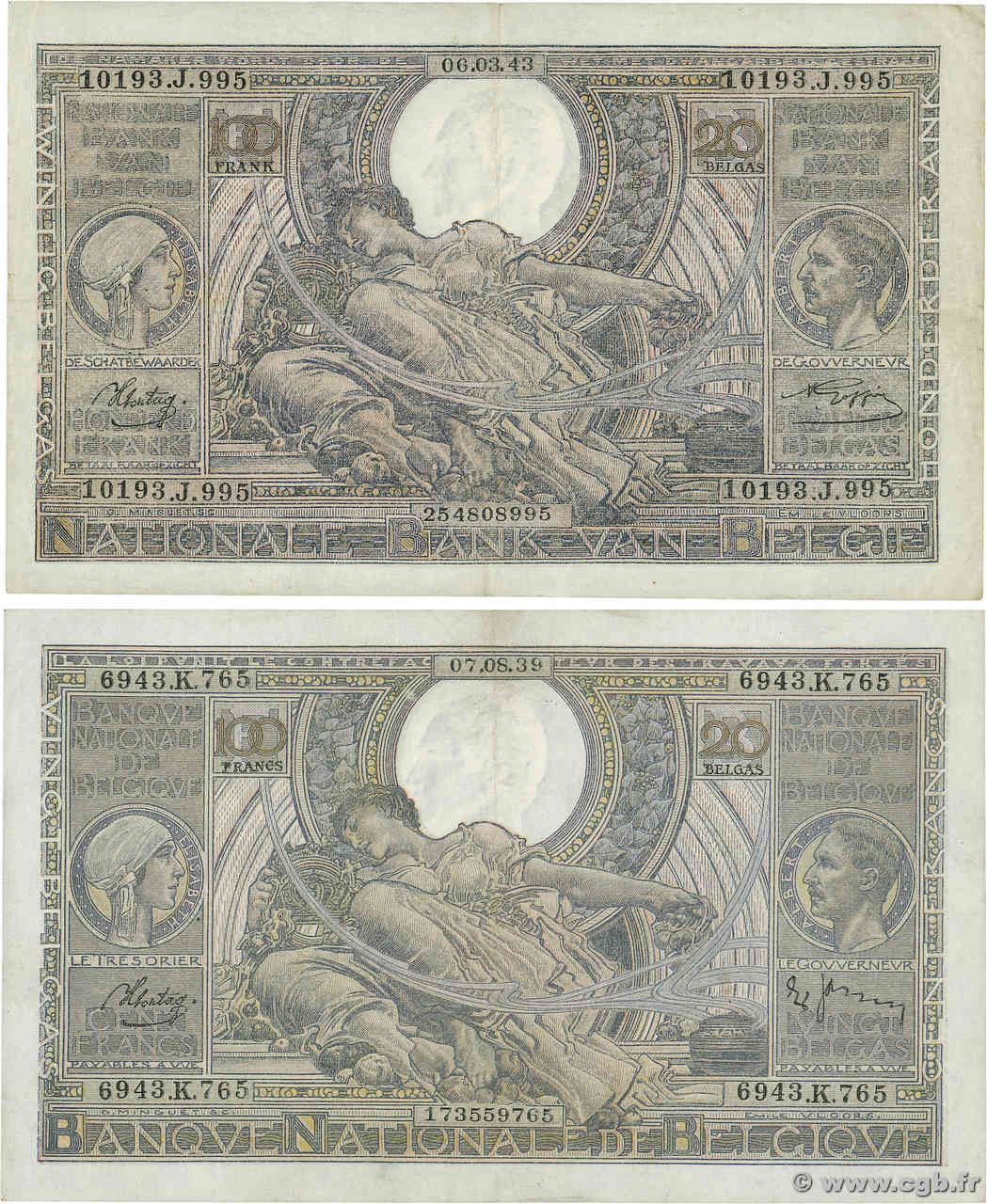 100 Francs - 20 Belgas Lot BÉLGICA  1939 P.107 MBC+
