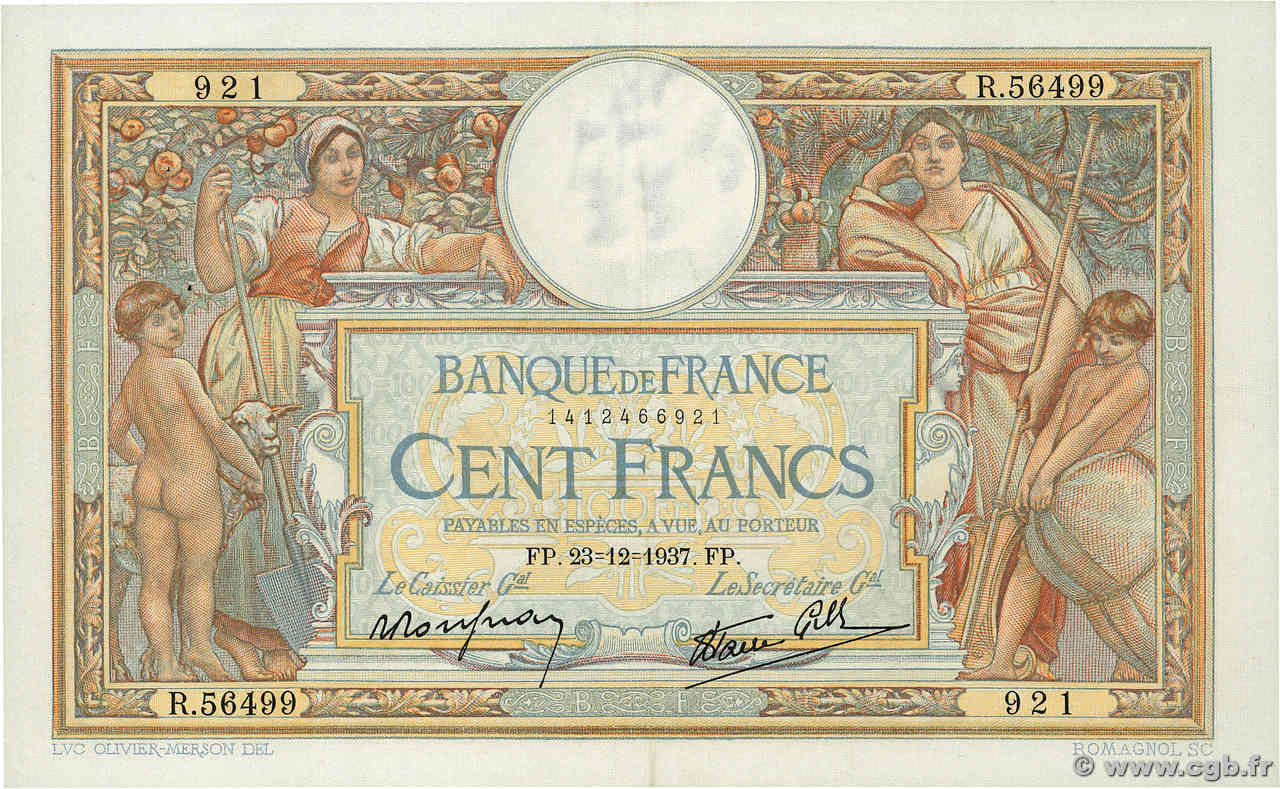 100 Francs LUC OLIVIER MERSON type modifié FRANCE  1937 F.25.06 XF