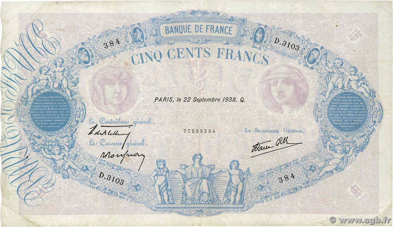 500 Francs BLEU ET ROSE modifié FRANCE  1938 F.31.20 TB+