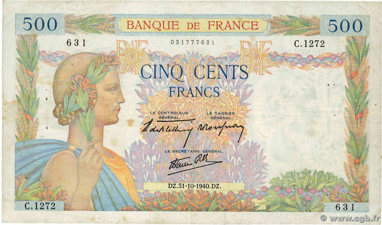 500 Francs LA PAIX FRANCE  1940 F.32.08 TB+