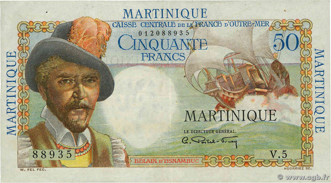 50 Francs Belain d Esnambuc MARTINIQUE  1946 P.30a VF+