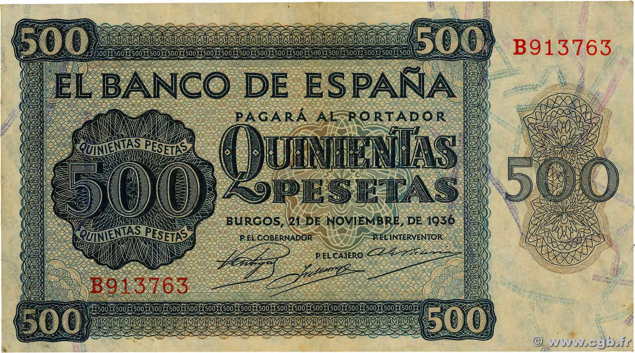 500 Pesetas SPAIN  1936 P.102a VF