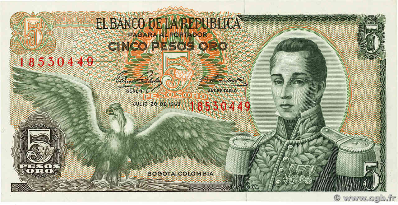5 Pesos Oro COLOMBIE  1968 P.406b NEUF