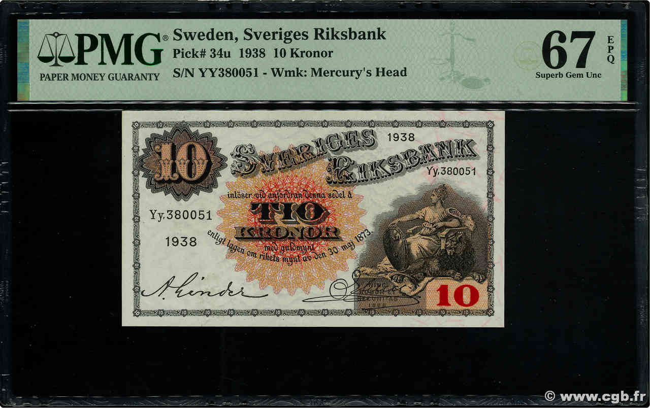 10 Kronor SUÈDE  1938 P.34u NEUF