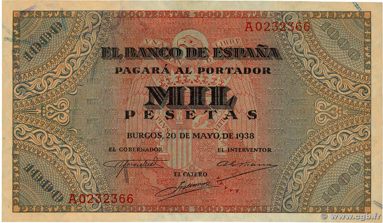 1000 Pesetas SPANIEN  1938 P.115 fST+