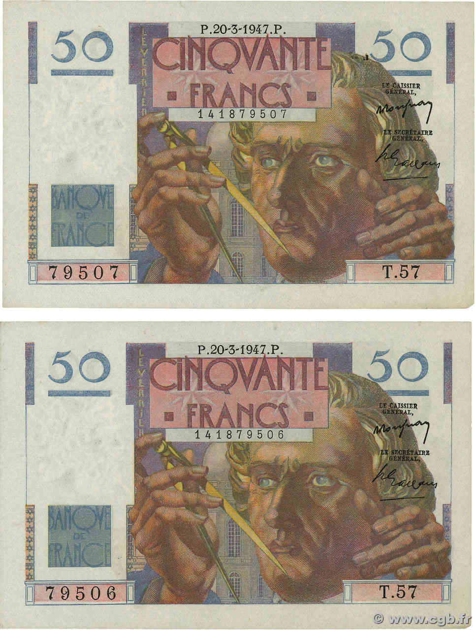 50 Francs LE VERRIER Consécutifs FRANCE  1947 F.20.07 SUP